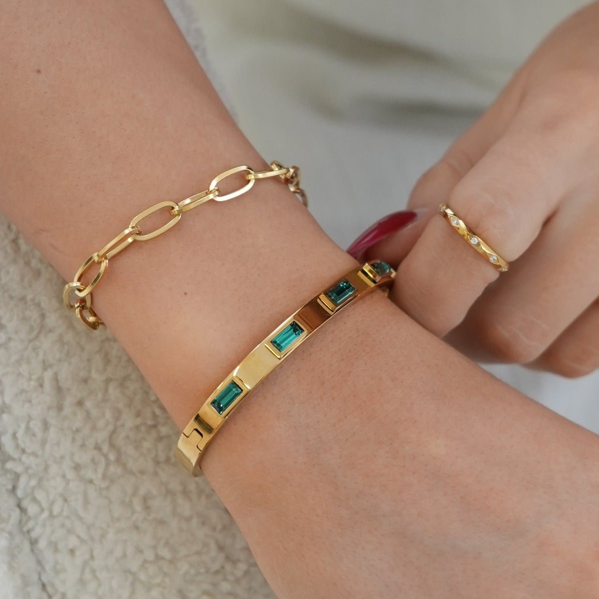 Green Navette Crystal Bangle 18K Gold Plated