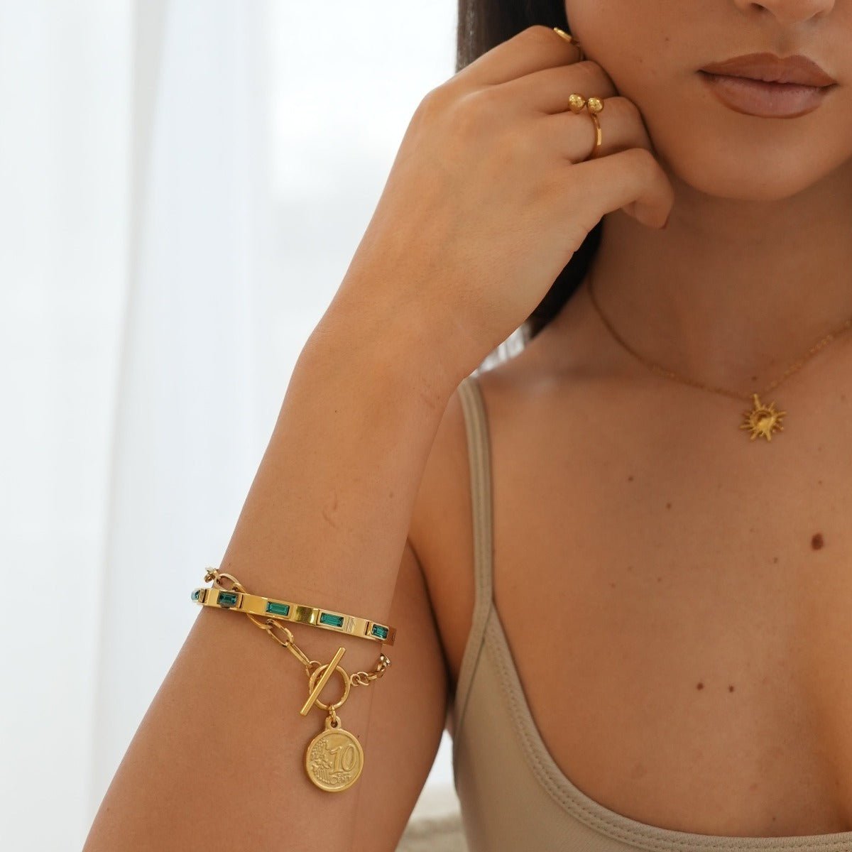 Green Navette Crystal Bangle 18K Gold Plated