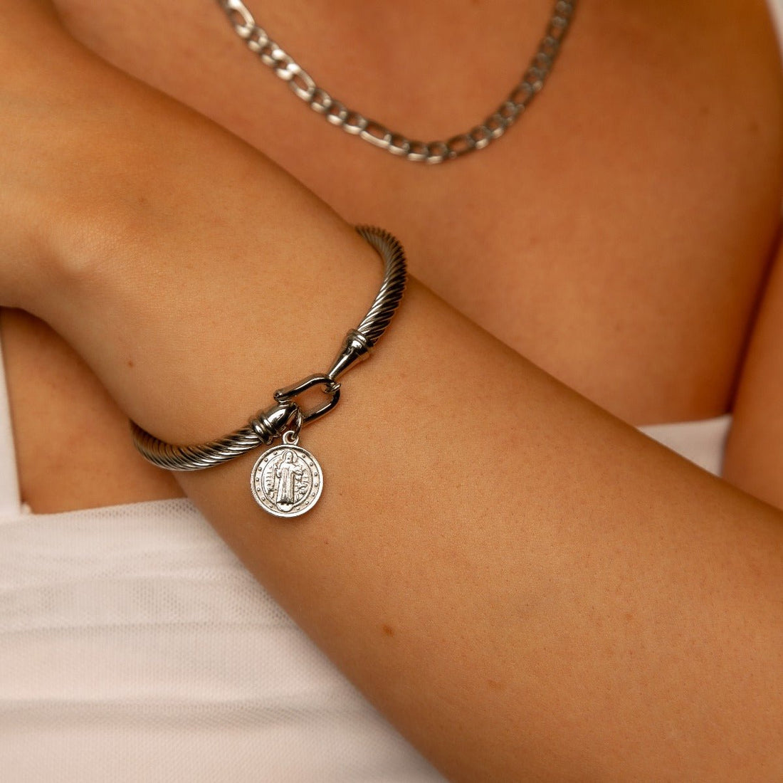Saint Benedict Pendant Bangle – Silver
