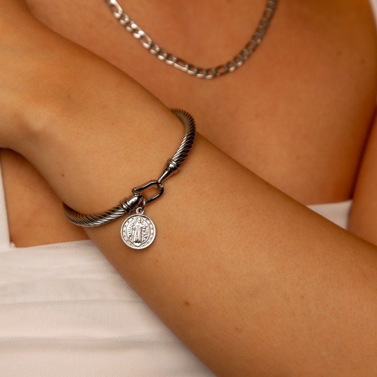 Saint Benedict Pendant Bangle – Silver