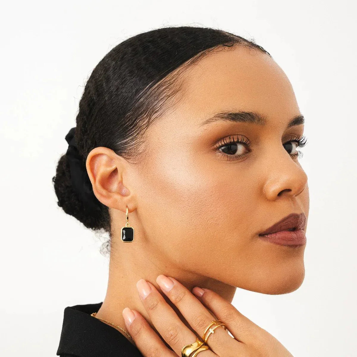 Black Crystal Mini Hoop Earrings 18K Gold Plated