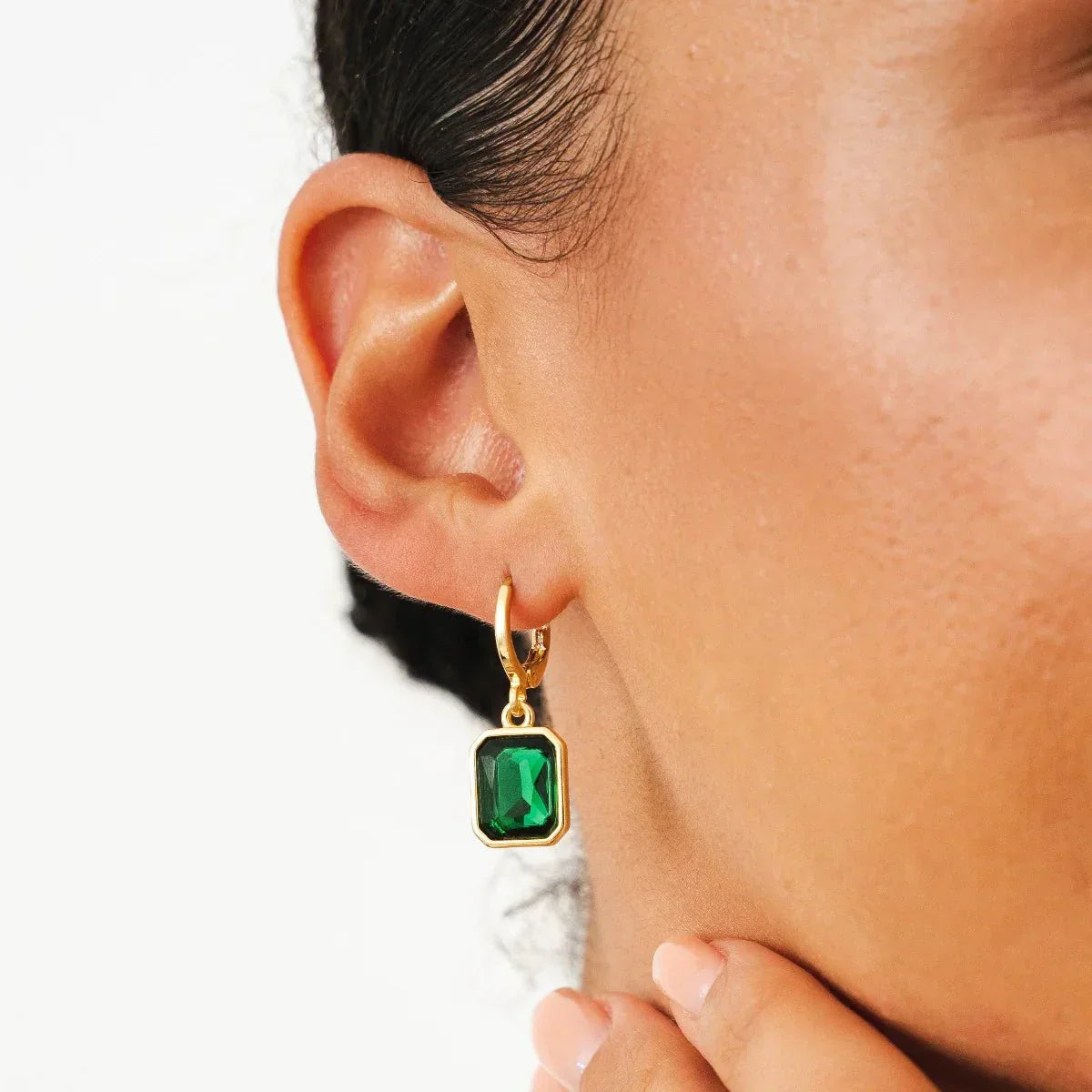 Green Crystal Mini Hoop Earrings 18K Gold Plated