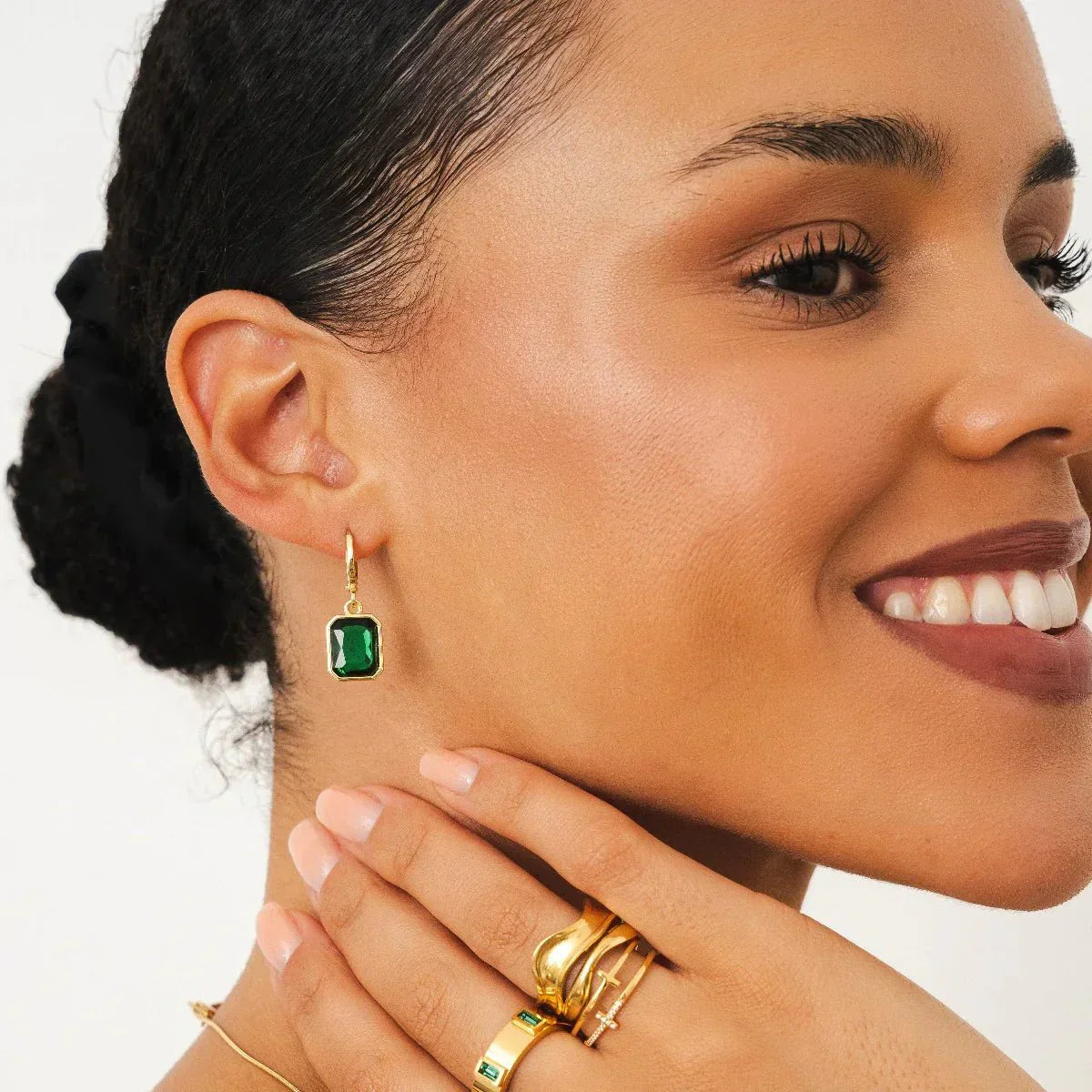 Green Crystal Mini Hoop Earrings 18K Gold Plated