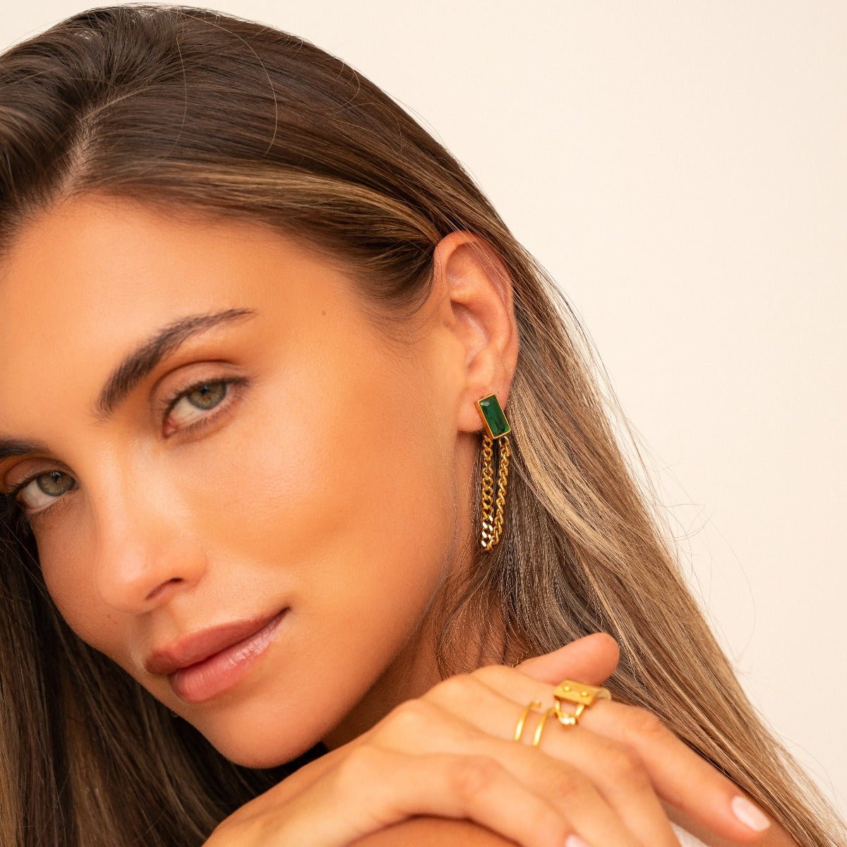 Elisabeth Chain Earrings with Emerald Zirconia 18K Gold Plated