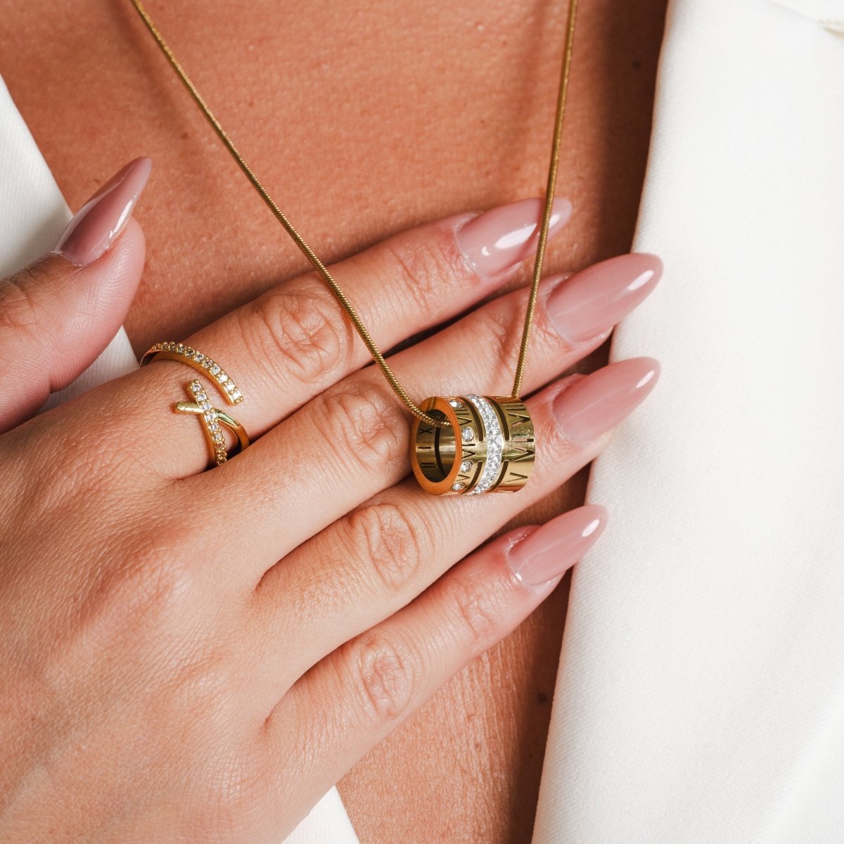 Triple Band Roman Numeral Necklace 18K Gold Plated