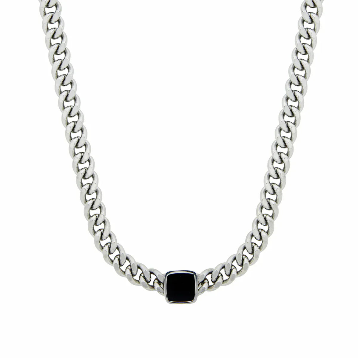 Chain Necklace with Square Onyx Stone – Silver