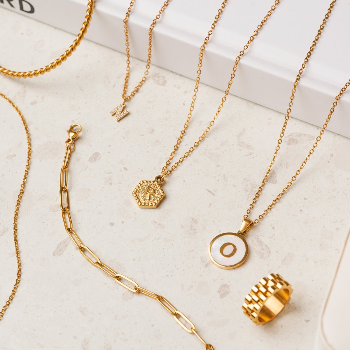 Marble Initial Letter Necklace 18K Gold Plated