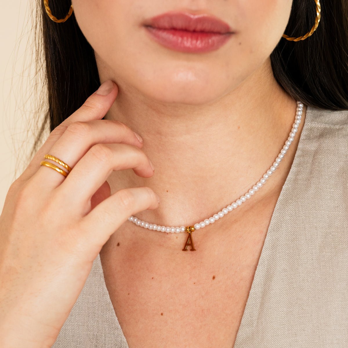 Pearl Initial Letter Necklace 18K Gold Plated