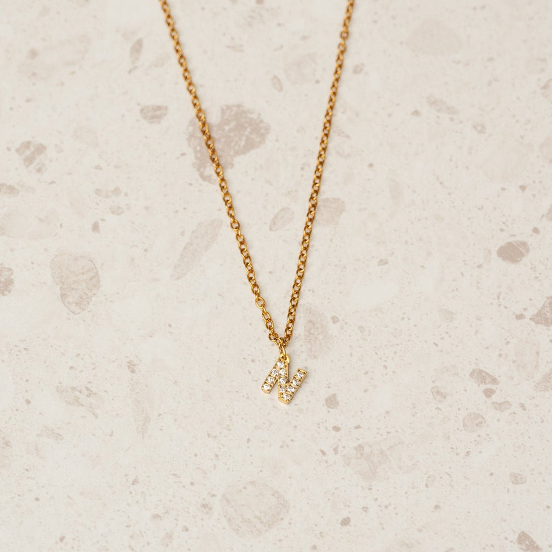 Stone Initial Letter Necklace 18K Gold Plated