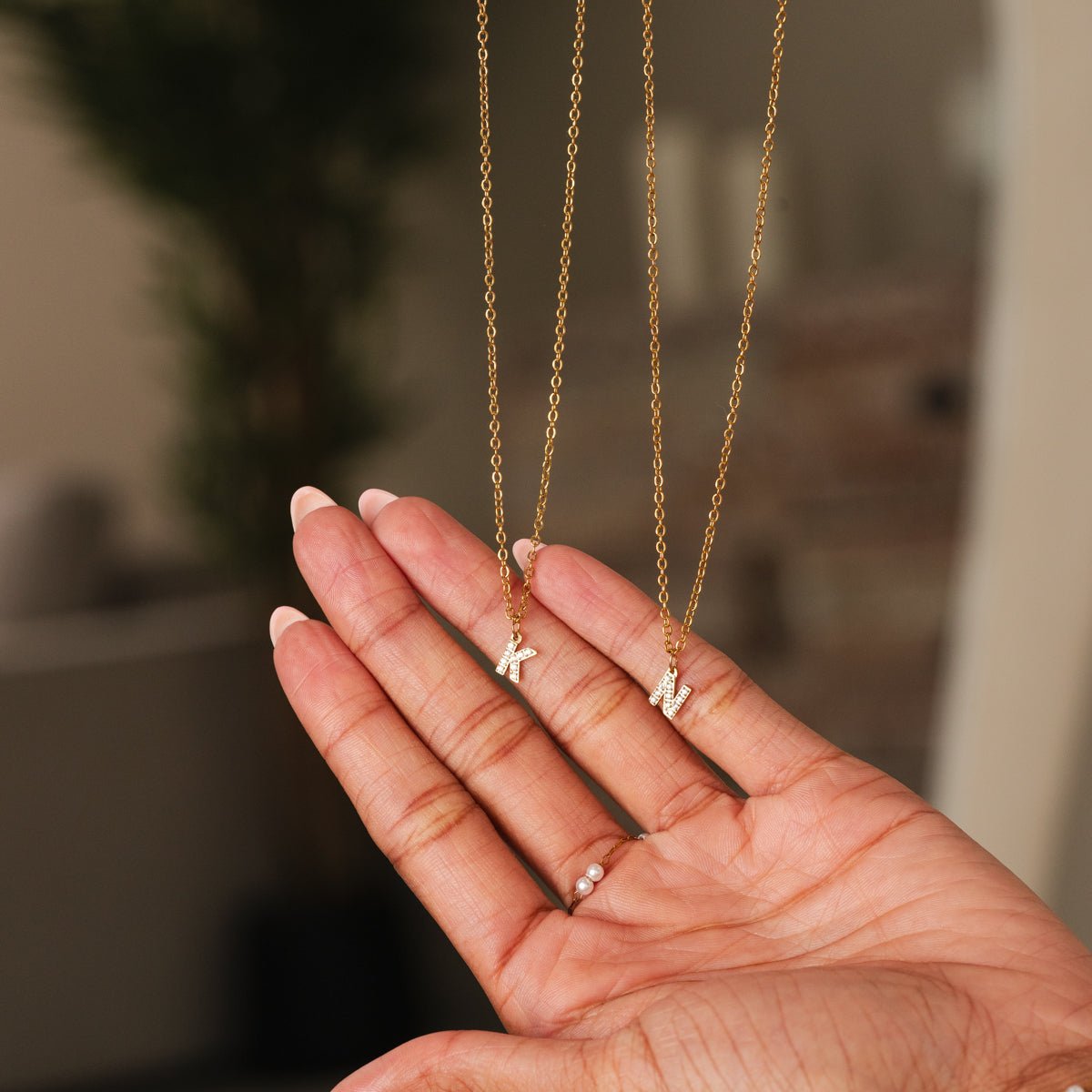 Stone Initial Letter Necklace 18K Gold Plated