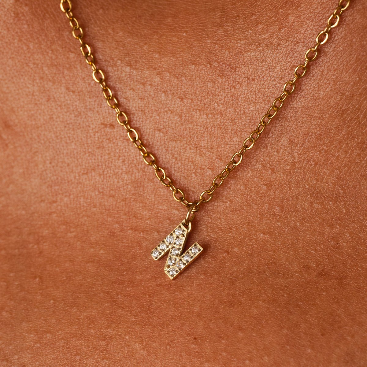 Stone Initial Letter Necklace 18K Gold Plated
