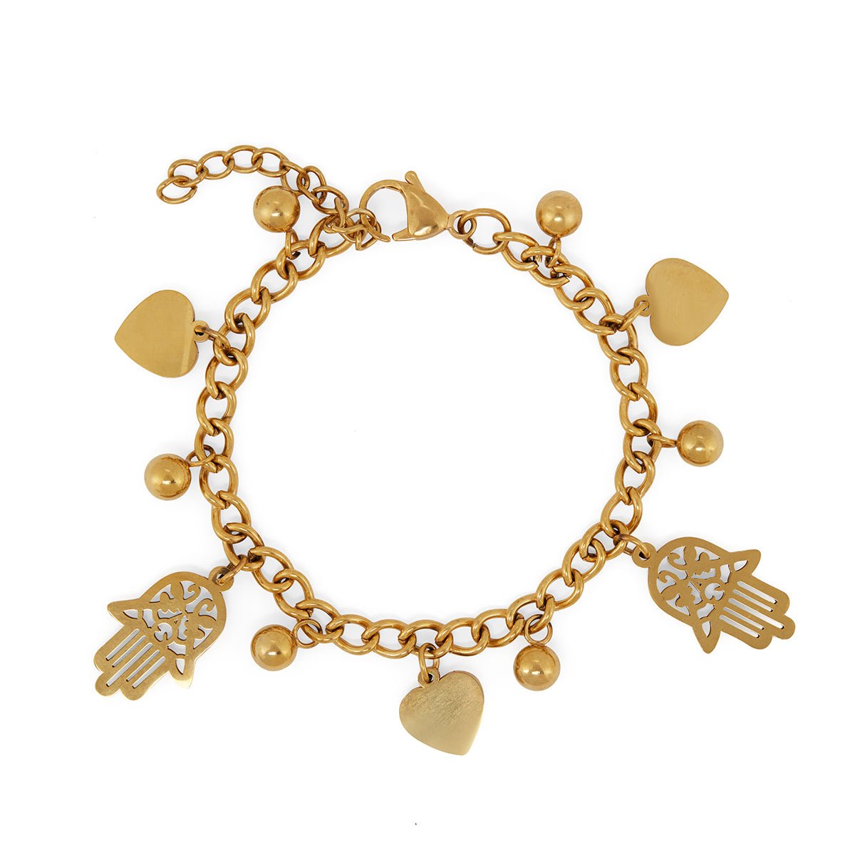Link Bracelet with Heart and Hamsa Pendants 18K Gold Plated